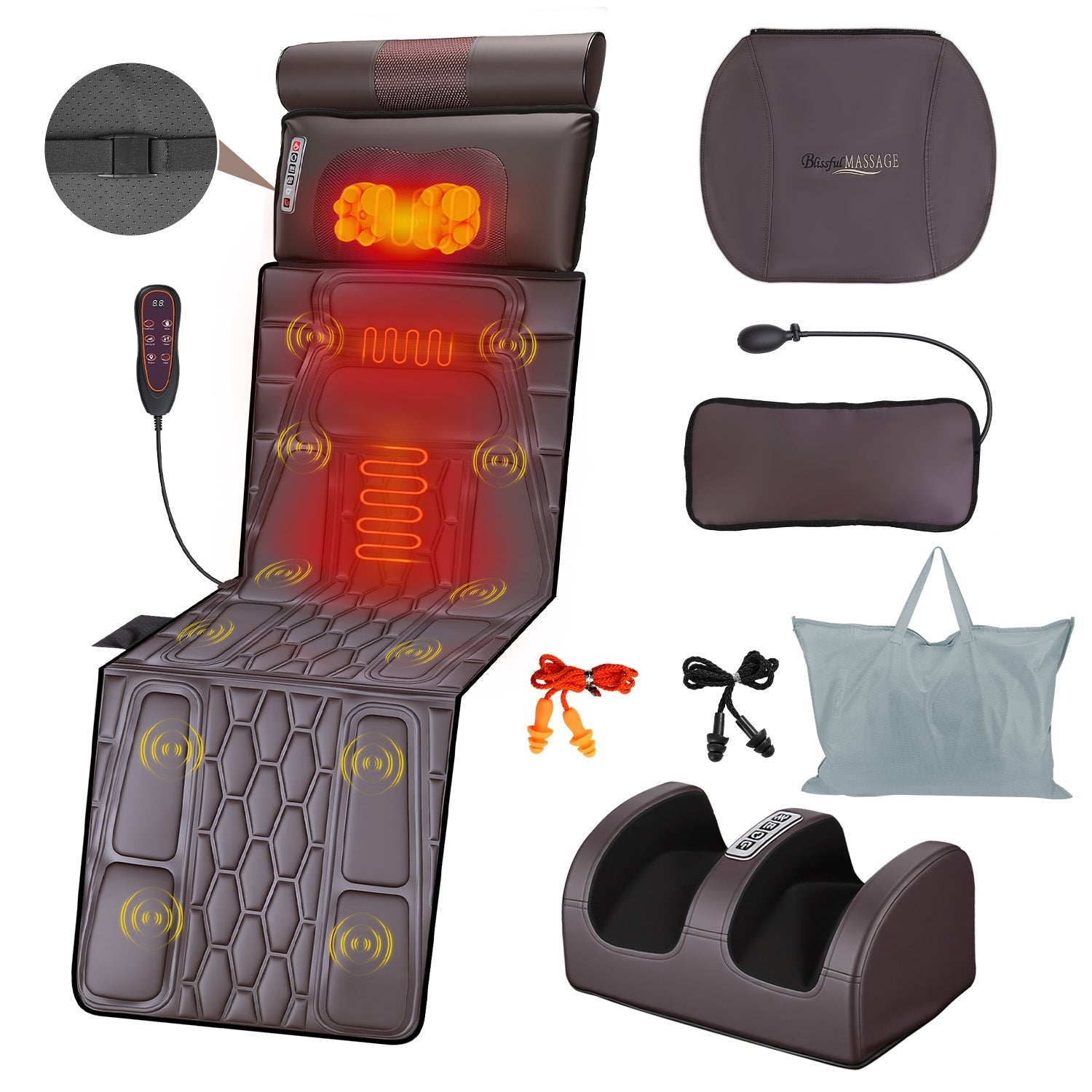Flannel Full Body Massage Mat Multifunctional Massage Chair Pad With Heat Timer Shiatsu Neck Foot Massager Lumbar Pillow Carry Bag Earplugs Anti-Slip Bottom For Reclining Chair