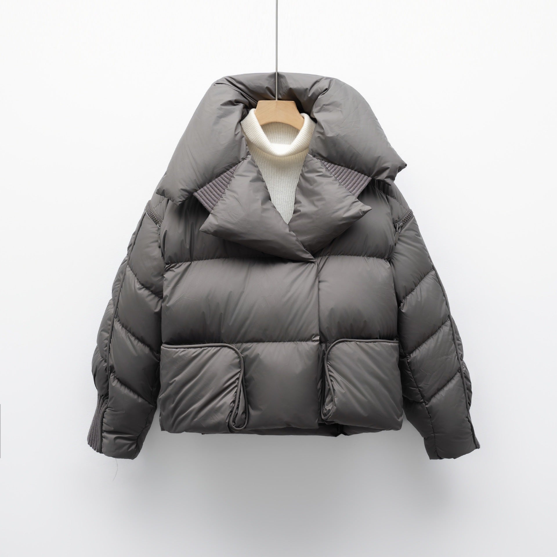 Korean-style Knitted Patchwork Large Lapel Short Down Jacket For Women