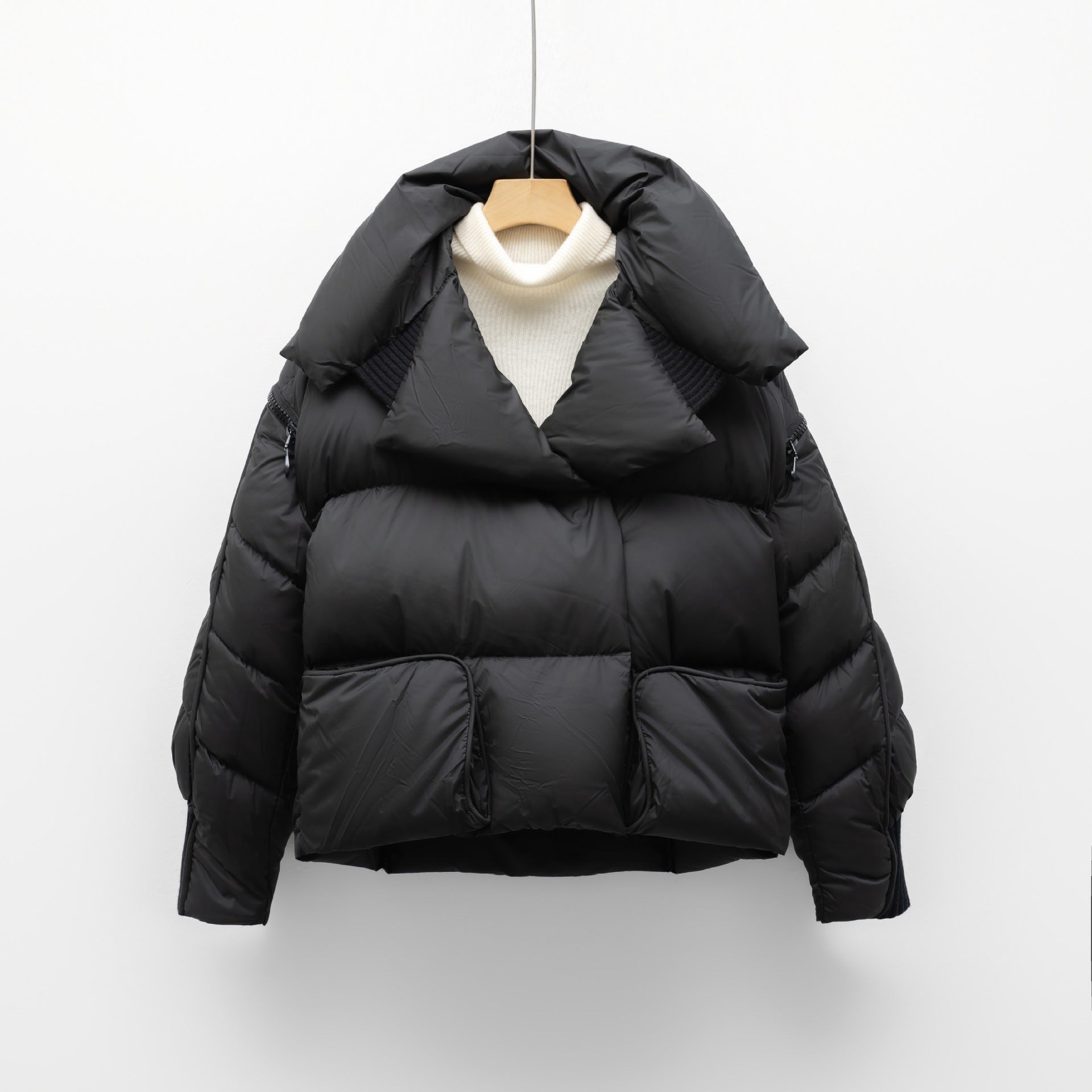Korean-style Knitted Patchwork Large Lapel Short Down Jacket For Women