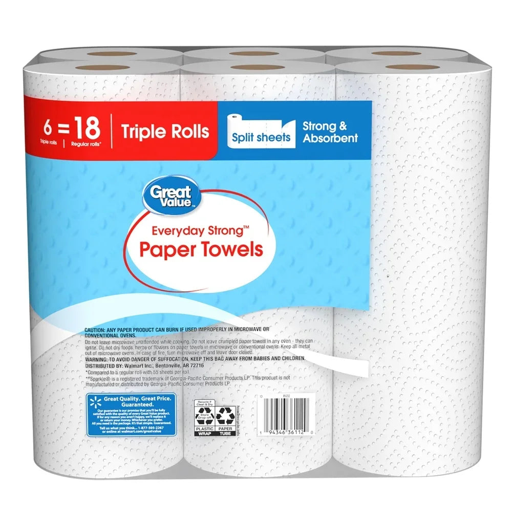 Everyday Strong Paper Towels Split Sheets 6 Rolls 990 Sheets Pick a Size Perforated Cleaning Extra Absorbent Kitchen Household